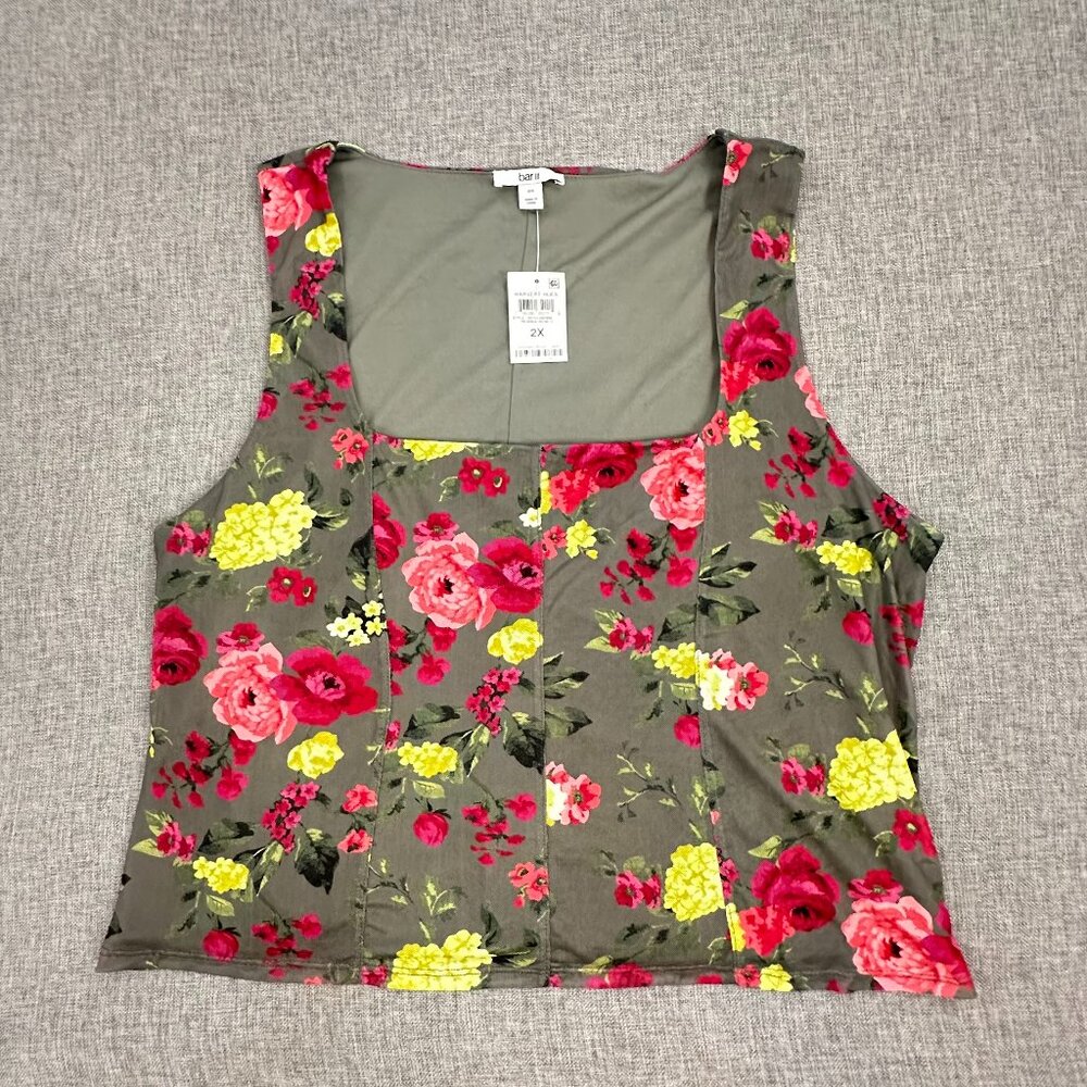 NEW! Bar III Floral Tank Top Plus 2X Reanna Rose Square neck Stretch Polyester &